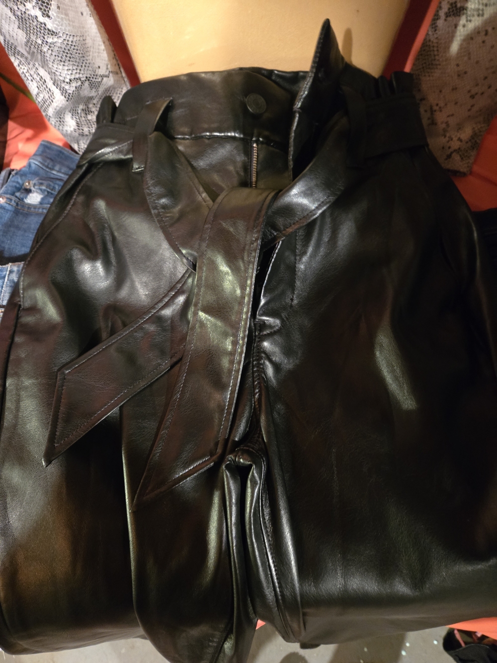 Black Faux Leather Paperbag Waist Pants with Tie Belt